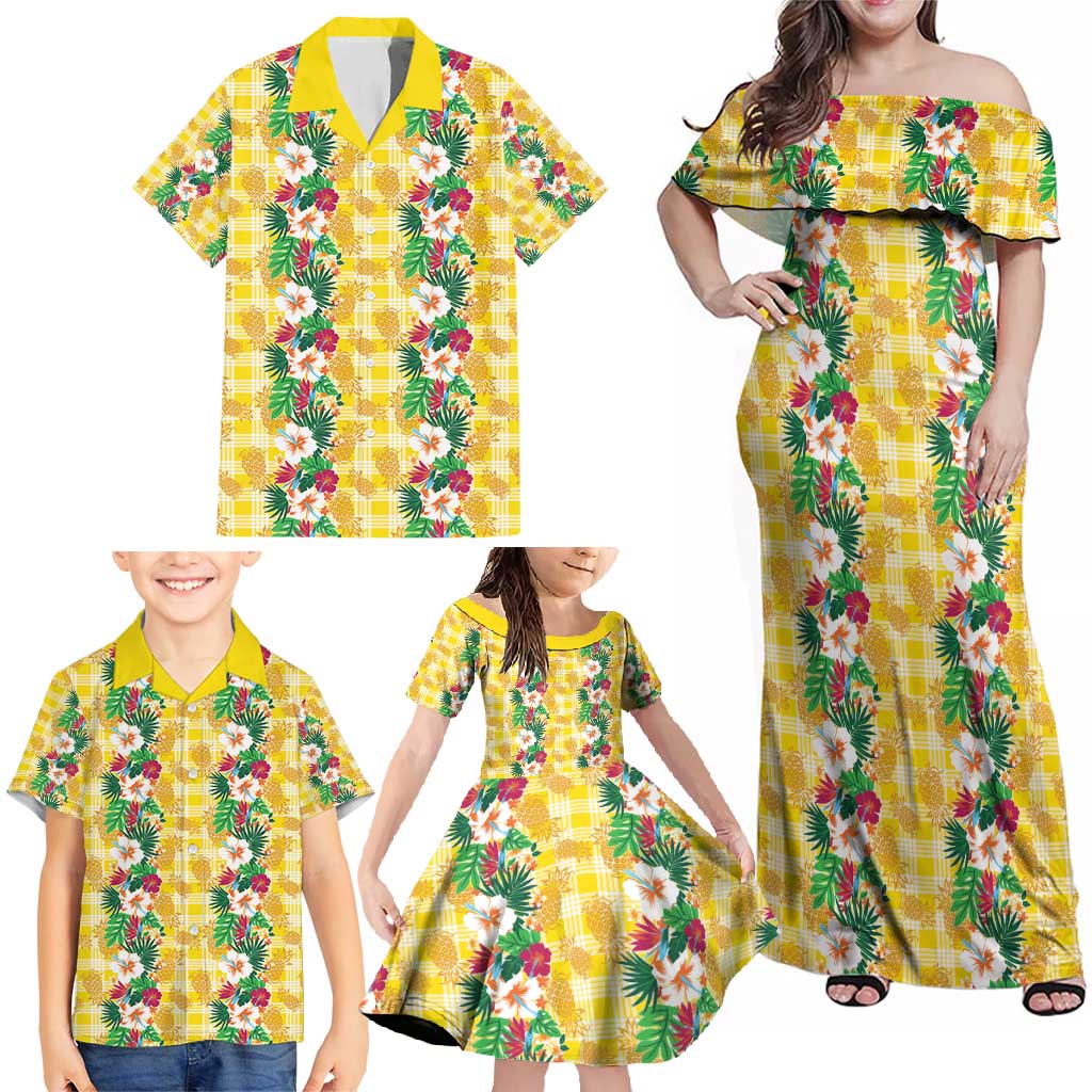 Hawaiian Palaka Family Matching Off Shoulder Maxi Dress and Hawaiian Shirt Hibiscus Pineapple Lei - Polynesian Pride
