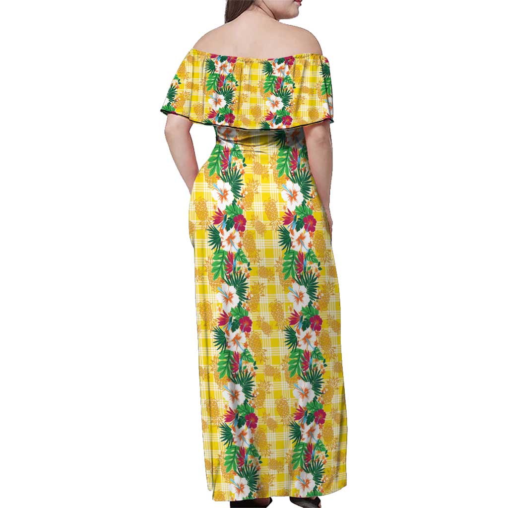 Hawaiian Palaka Family Matching Off Shoulder Maxi Dress and Hawaiian Shirt Hibiscus Pineapple Lei - Polynesian Pride