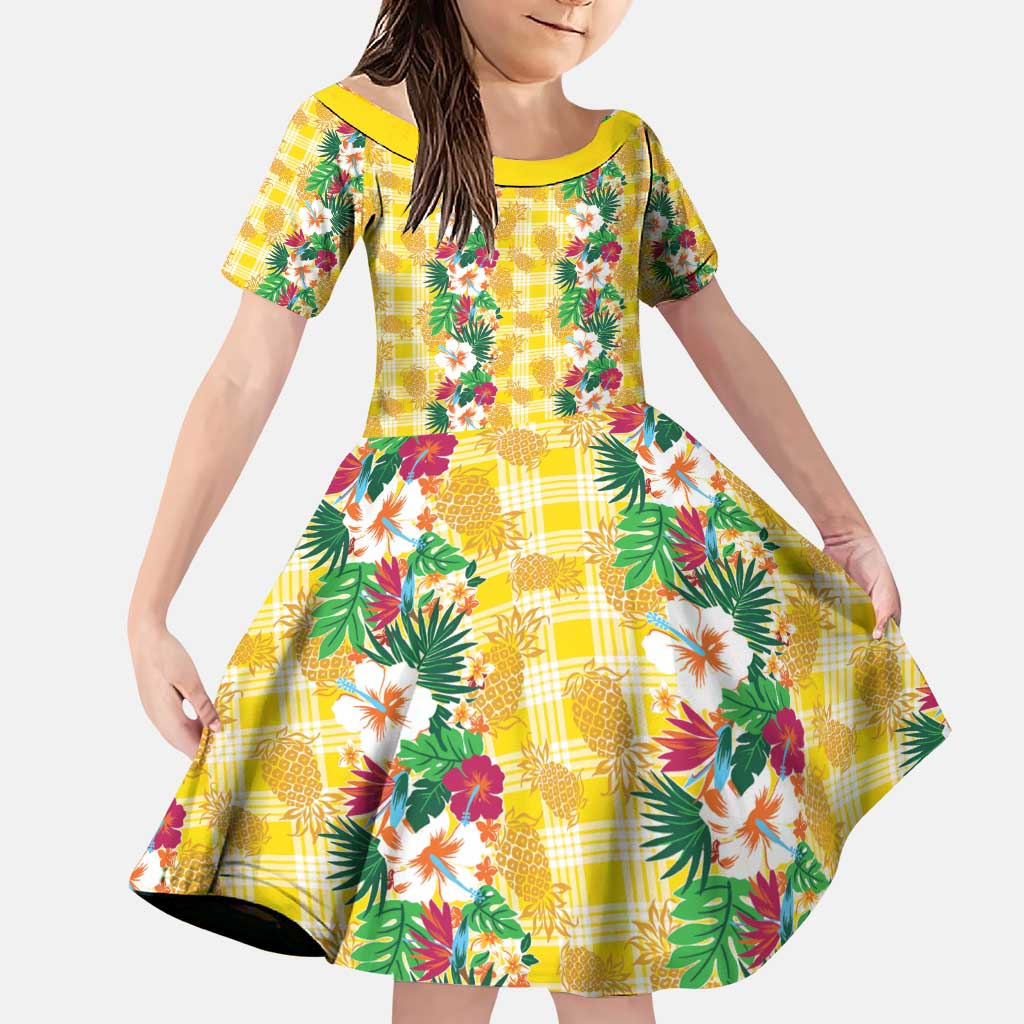 Hawaiian Palaka Family Matching Puletasi and Hawaiian Shirt Hibiscus Pineapple Lei LT9 Daughter's Dress Yellow - Polynesian Pride