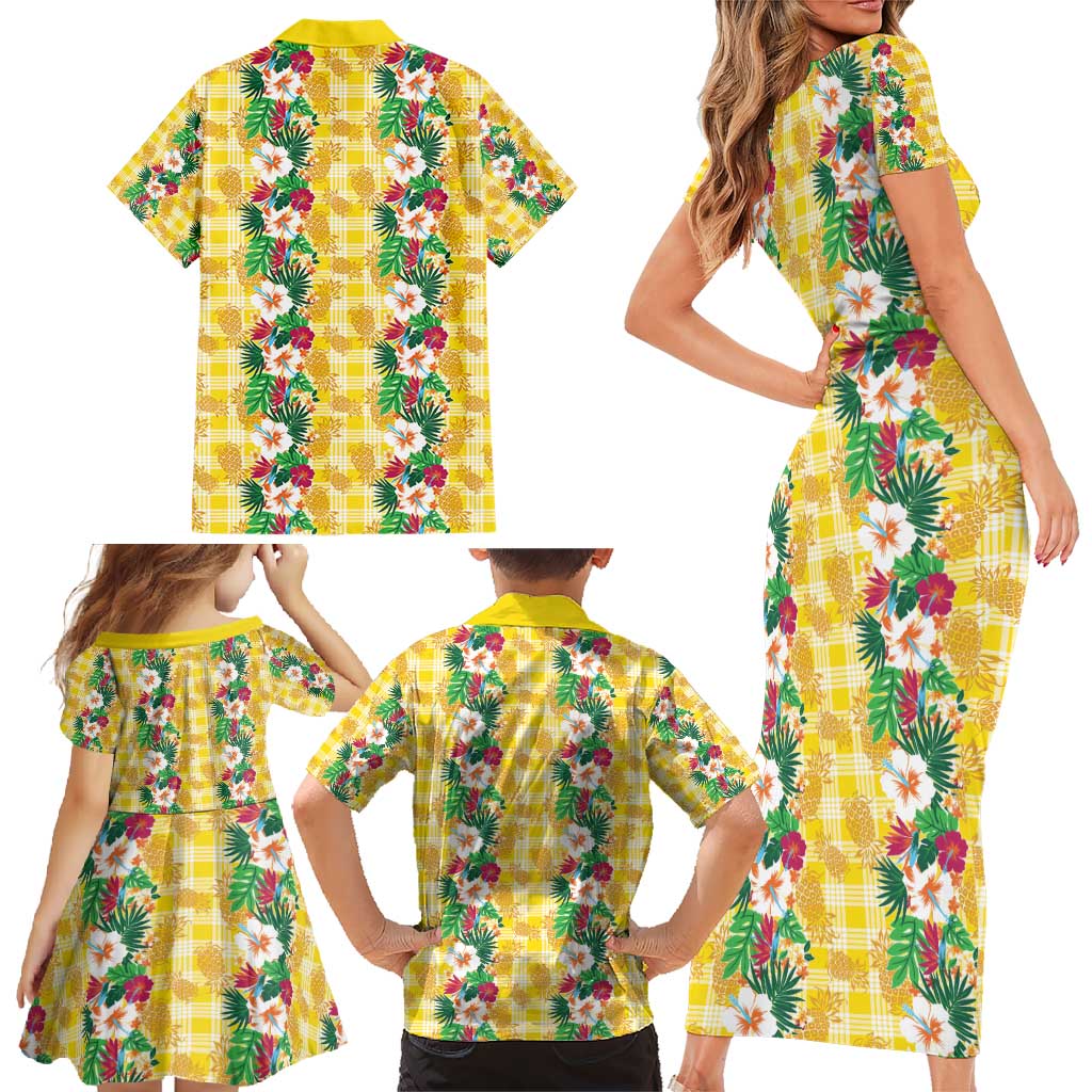 Hawaiian Palaka Family Matching Short Sleeve Bodycon Dress and Hawaiian Shirt Hibiscus Pineapple Lei - Polynesian Pride