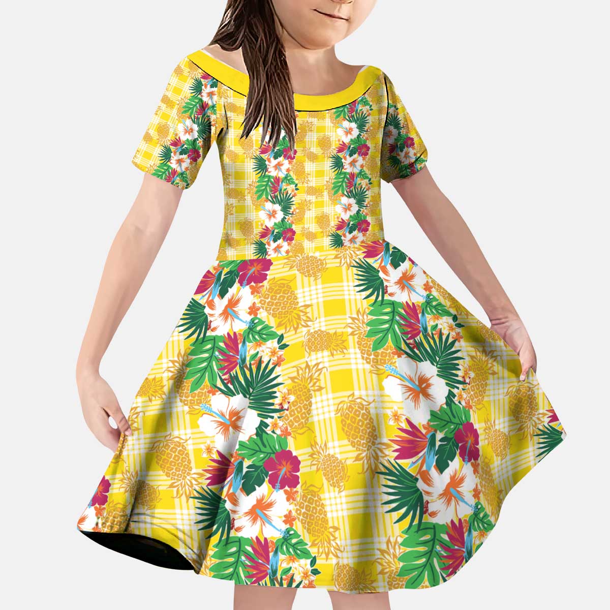 Hawaiian Palaka Kid Short Sleeve Dress Hibiscus Pineapple Lei - Polynesian Pride