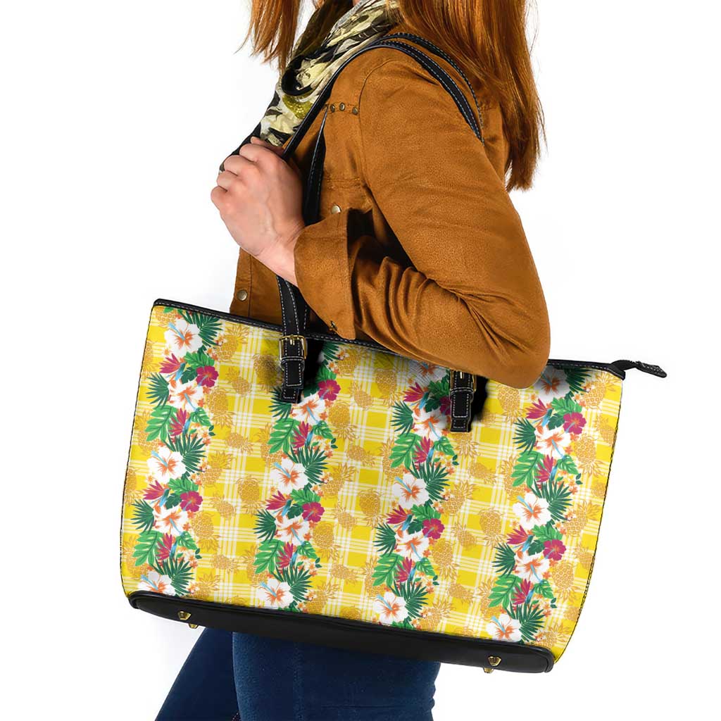Hawaiian Palaka Leather Tote Bag Hibiscus Pineapple Lei LT9 Yellow - Polynesian Pride