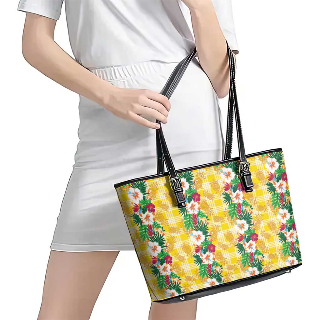 Hawaiian Palaka Leather Tote Bag Hibiscus Pineapple Lei LT9 - Polynesian Pride