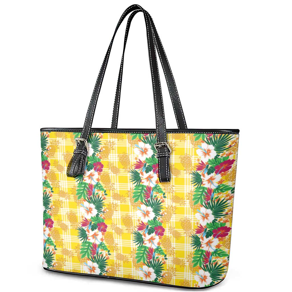 Hawaiian Palaka Leather Tote Bag Hibiscus Pineapple Lei LT9 - Polynesian Pride