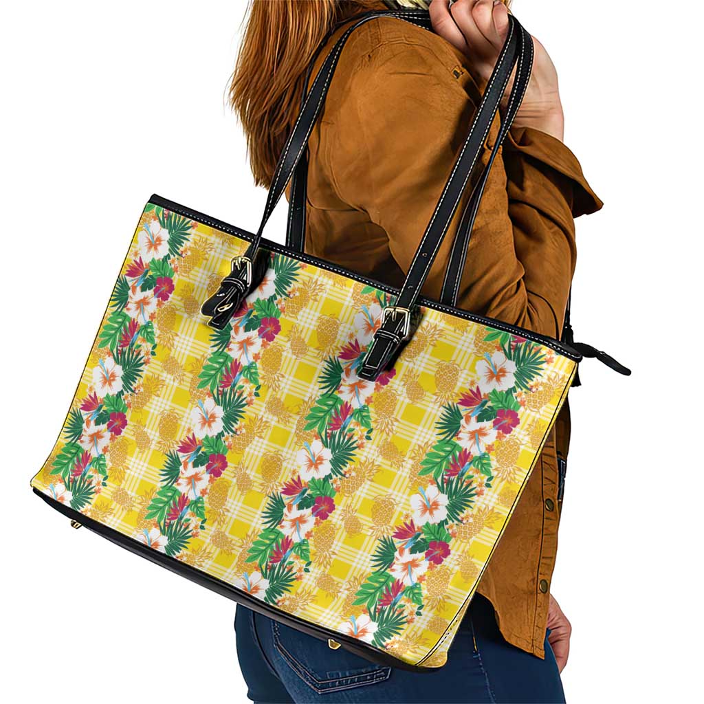 Hawaiian Palaka Leather Tote Bag Hibiscus Pineapple Lei LT9 - Polynesian Pride