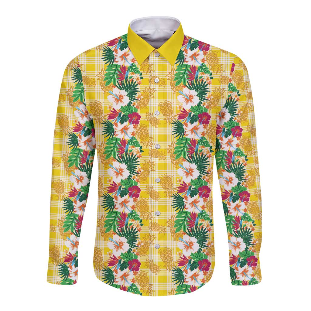 Hawaiian Palaka Long Sleeve Button Shirt Hibiscus Pineapple Lei LT9 Unisex Yellow - Polynesian Pride