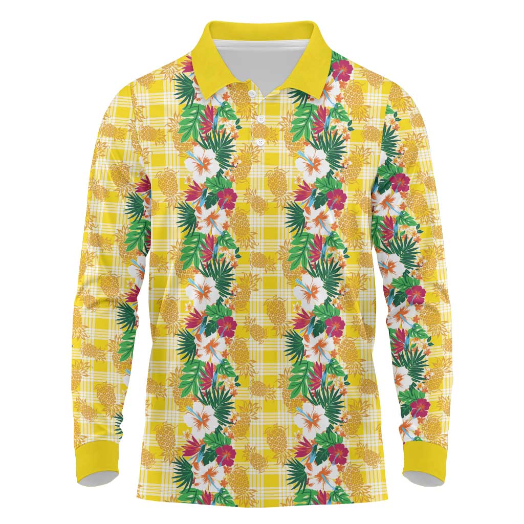Hawaiian Palaka Long Sleeve Polo Shirt Hibiscus Pineapple Lei - Polynesian Pride