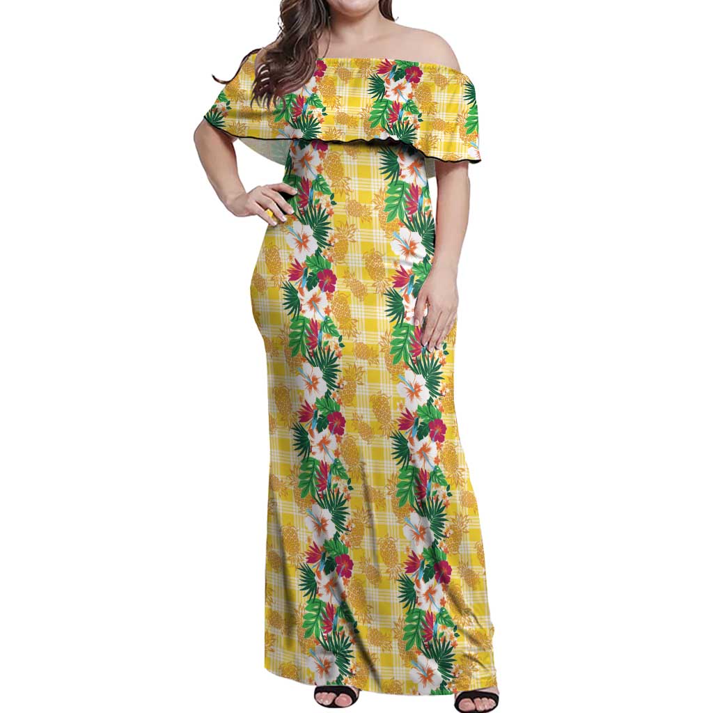 Hawaiian Palaka Off Shoulder Maxi Dress Hibiscus Pineapple Lei - Polynesian Pride