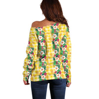 Hawaiian Palaka Off Shoulder Sweater Hibiscus Pineapple Lei - Polynesian Pride