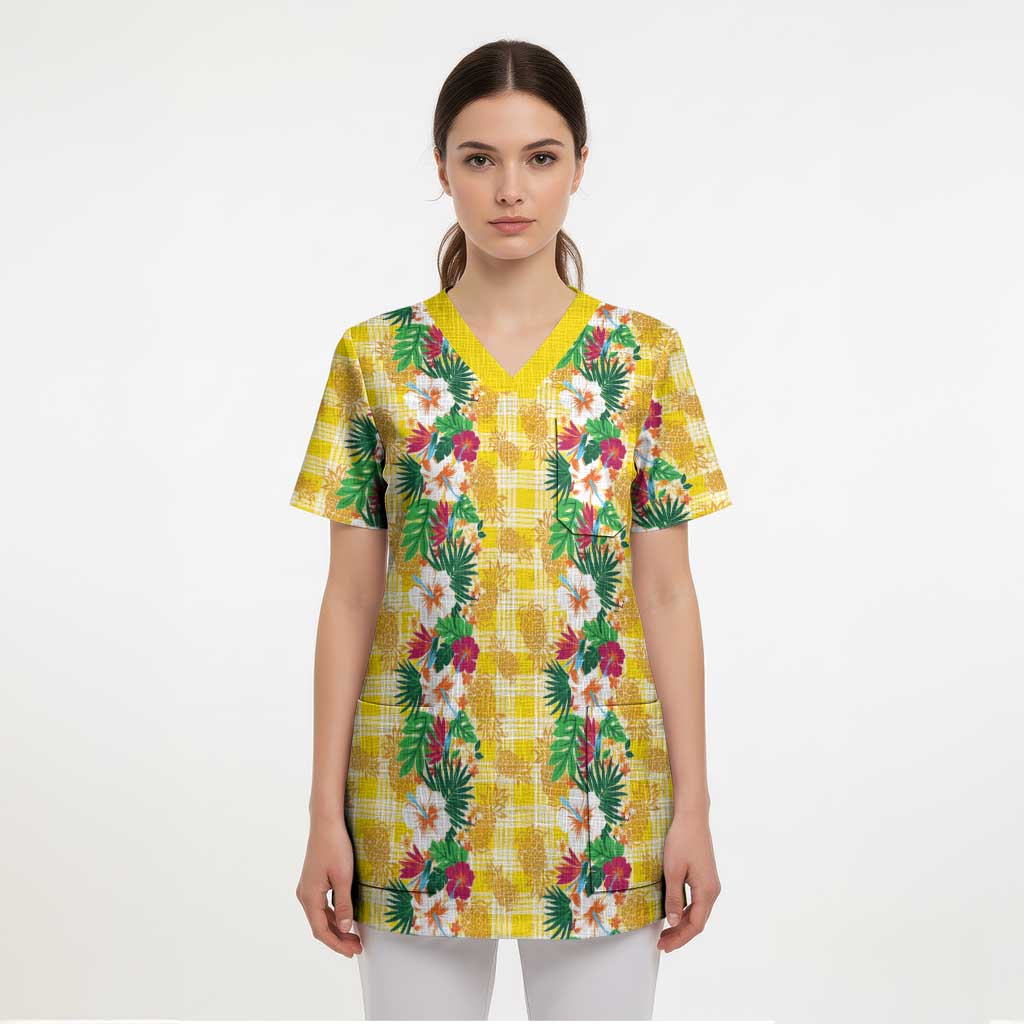 Hawaiian Palaka Scrub Top Hibiscus Pineapple Lei - Polynesian Pride