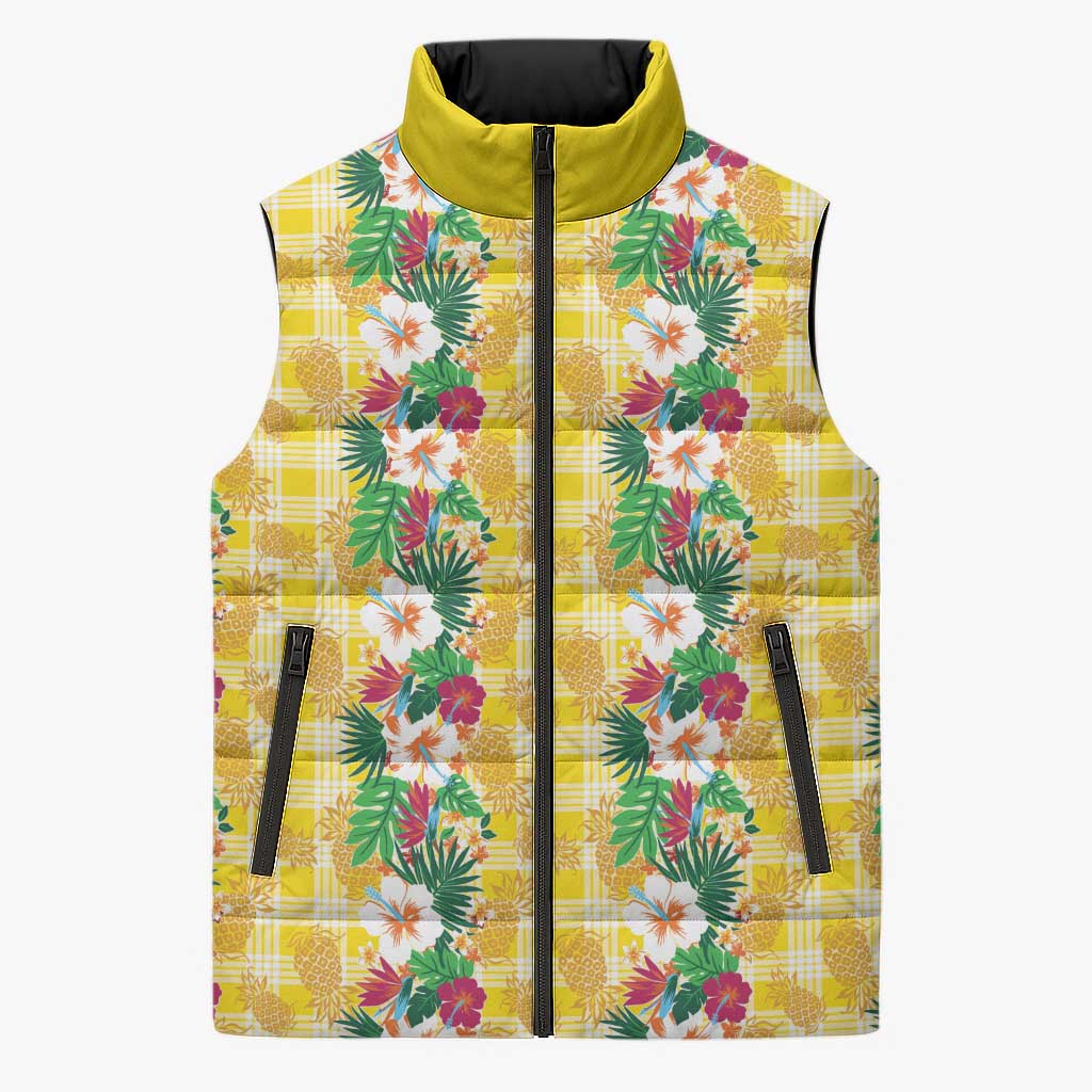 Hawaiian Palaka Sleeveless Puffer Jacket Hibiscus Pineapple Lei LT9 Unisex Yellow - Polynesian Pride