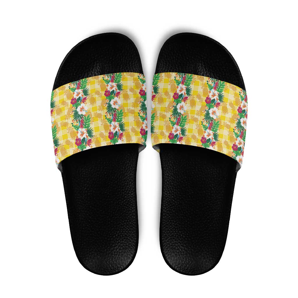 Hawaiian Palaka Slide Sandals Hibiscus Pineapple Lei - Polynesian Pride