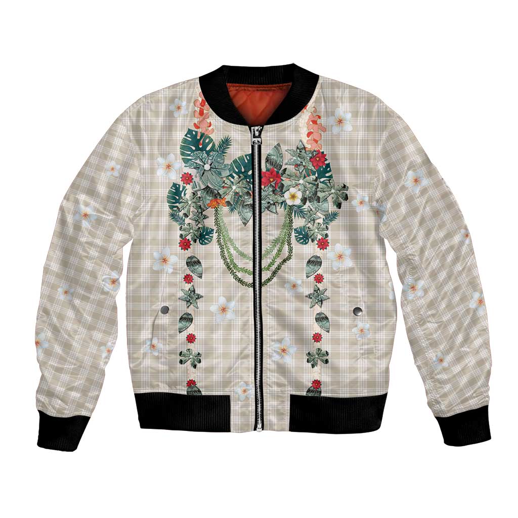 Brown Hawaiian Palaka Bomber Jacket Kukui Nut Money Lei LT9 Unisex Brown - Polynesian Pride