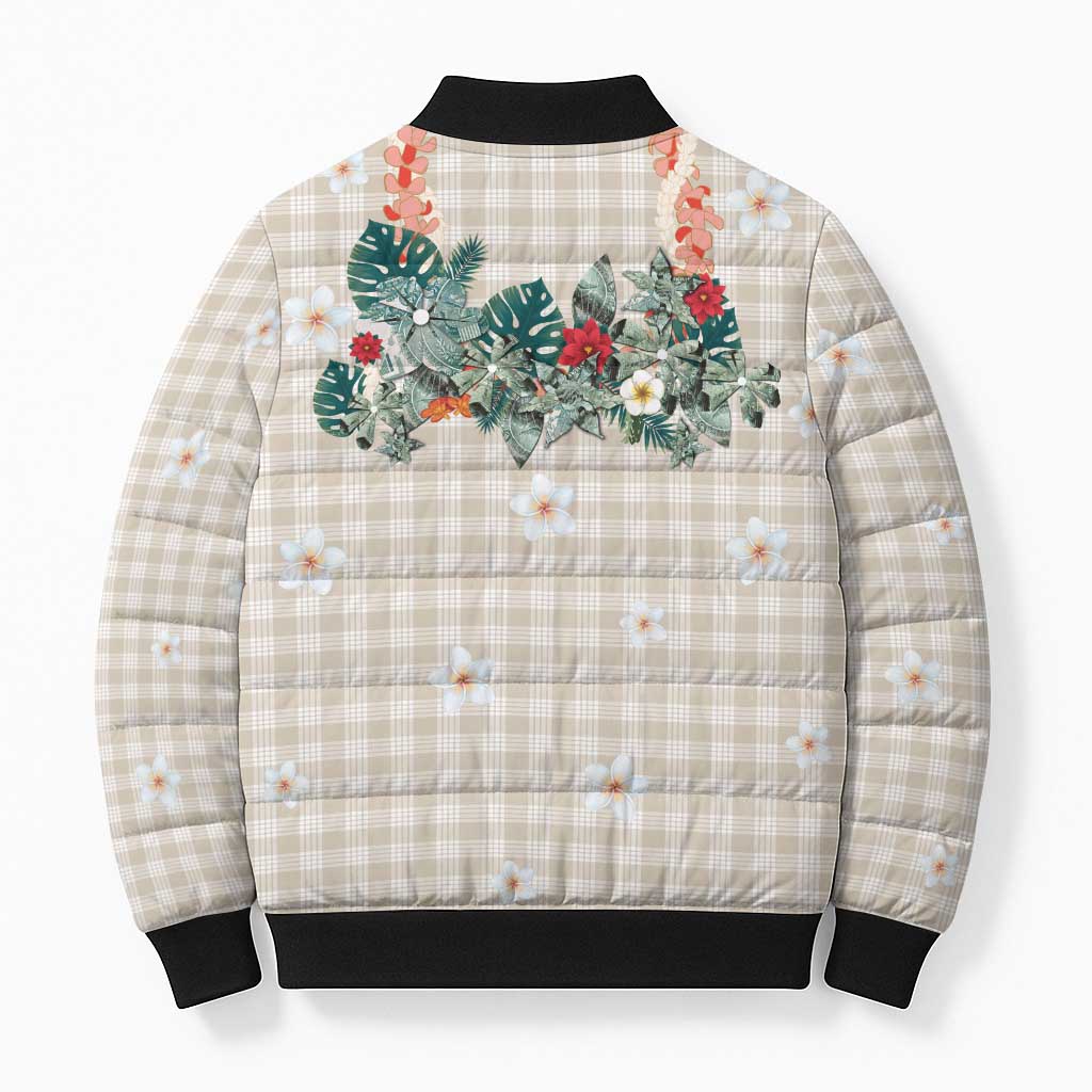 Brown Hawaiian Palaka Bomber Puffer Jacket Kukui Nut Money Lei - Polynesian Pride