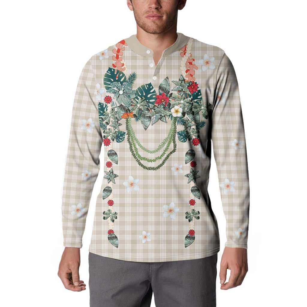 Brown Hawaiian Palaka Button Sweatshirt Kukui Nut Money Lei - Polynesian Pride