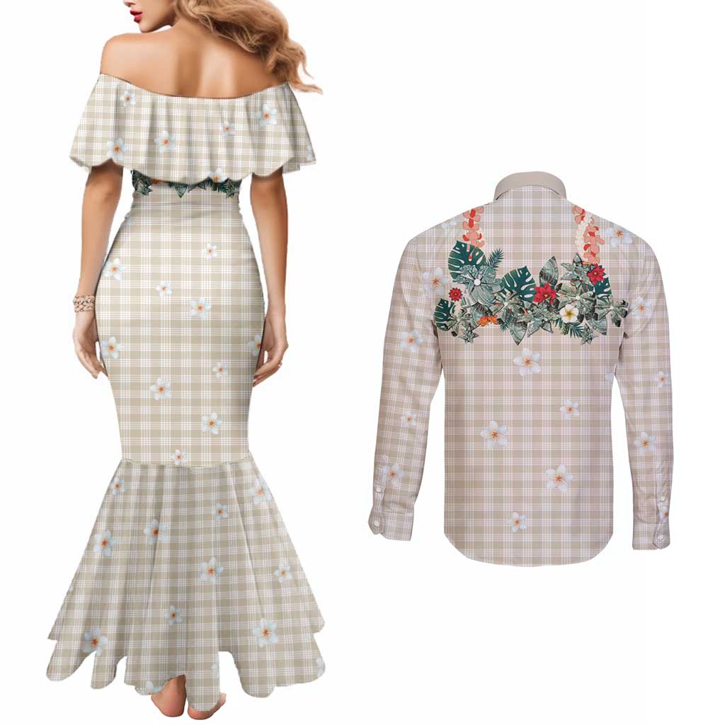 Brown Hawaiian Palaka Couples Matching Mermaid Dress and Long Sleeve Button Shirt Kukui Nut Money Lei - Polynesian Pride