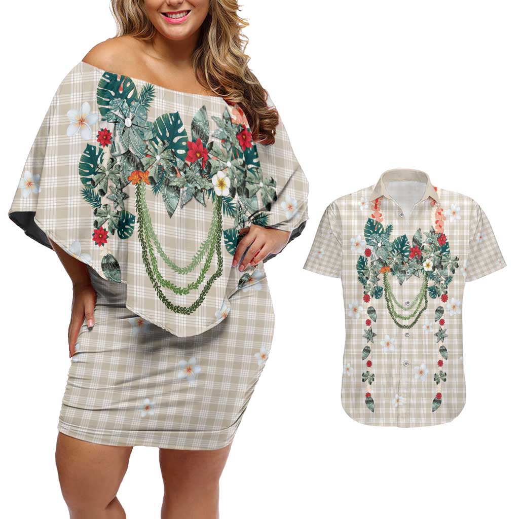 Brown Hawaiian Palaka Couples Matching Off Shoulder Short Dress and Hawaiian Shirt Kukui Nut Money Lei - Polynesian Pride