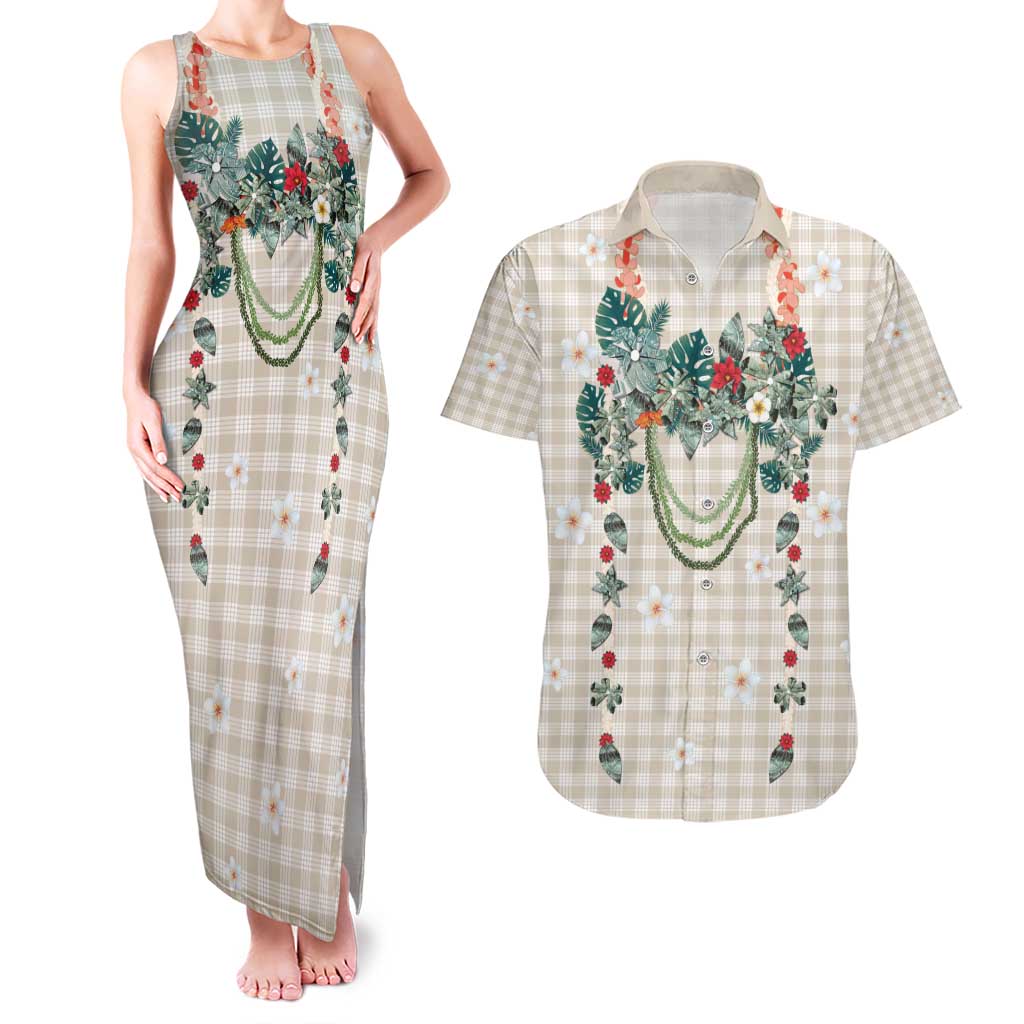 Brown Hawaiian Palaka Couples Matching Tank Maxi Dress and Hawaiian Shirt Kukui Nut Money Lei - Polynesian Pride