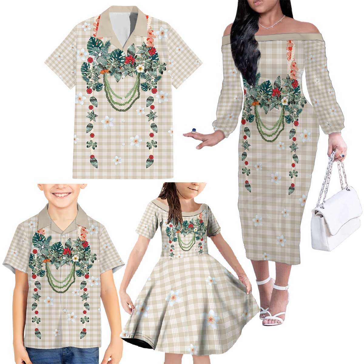 Brown Hawaiian Palaka Family Matching Off The Shoulder Long Sleeve Dress and Hawaiian Shirt Kukui Nut Money Lei - Polynesian Pride