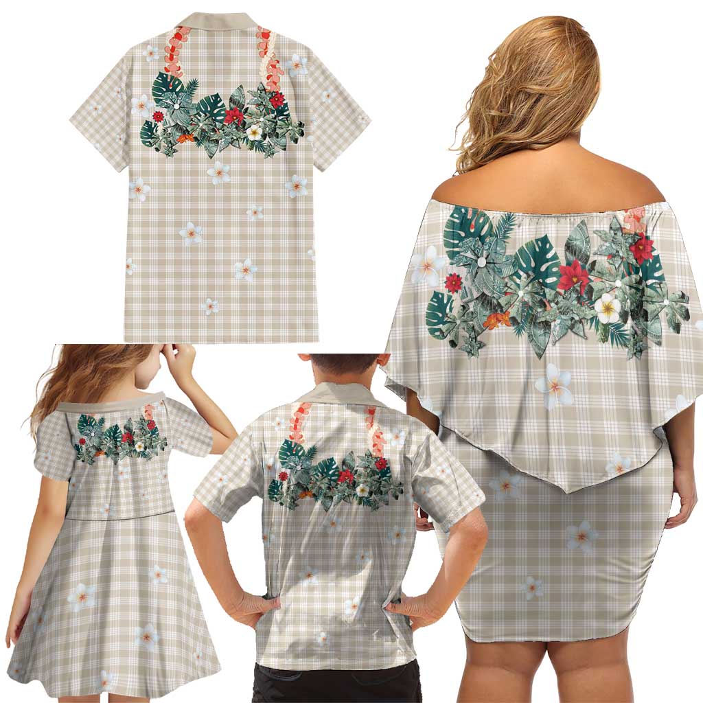 Brown Hawaiian Palaka Family Matching Off Shoulder Short Dress and Hawaiian Shirt Kukui Nut Money Lei - Polynesian Pride