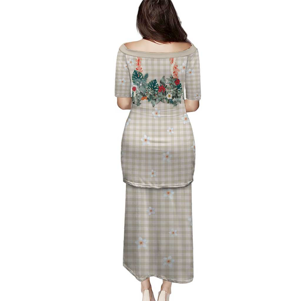 Brown Hawaiian Palaka Family Matching Puletasi and Hawaiian Shirt Kukui Nut Money Lei - Polynesian Pride