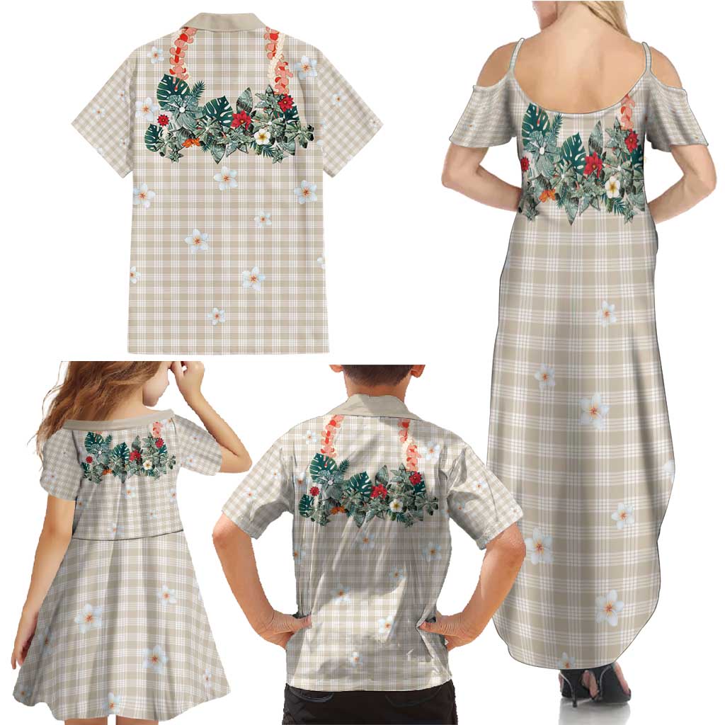 Brown Hawaiian Palaka Family Matching Summer Maxi Dress and Hawaiian Shirt Kukui Nut Money Lei - Polynesian Pride