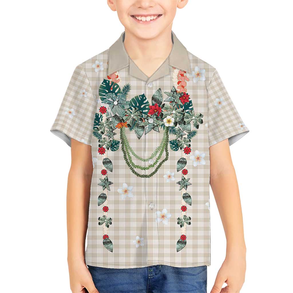 Brown Hawaiian Palaka Family Matching Tank Maxi Dress and Hawaiian Shirt Kukui Nut Money Lei - Polynesian Pride