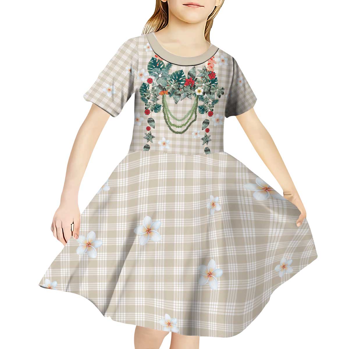 Brown Hawaiian Palaka Kid Short Sleeve Dress Kukui Nut Money Lei - Polynesian Pride