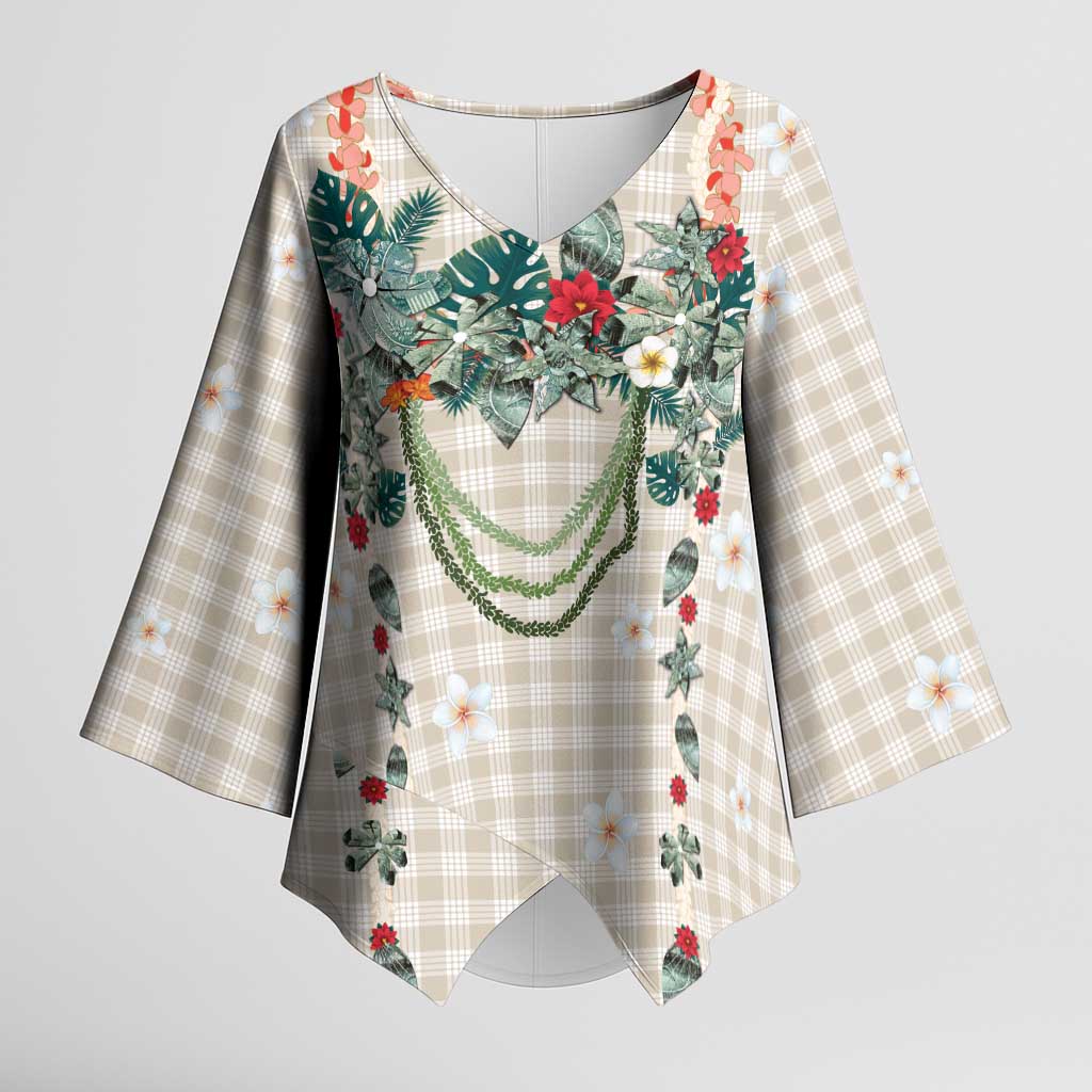 Brown Hawaiian Palaka Kimono Sleeve Blouse Kukui Nut Money Lei - Polynesian Pride