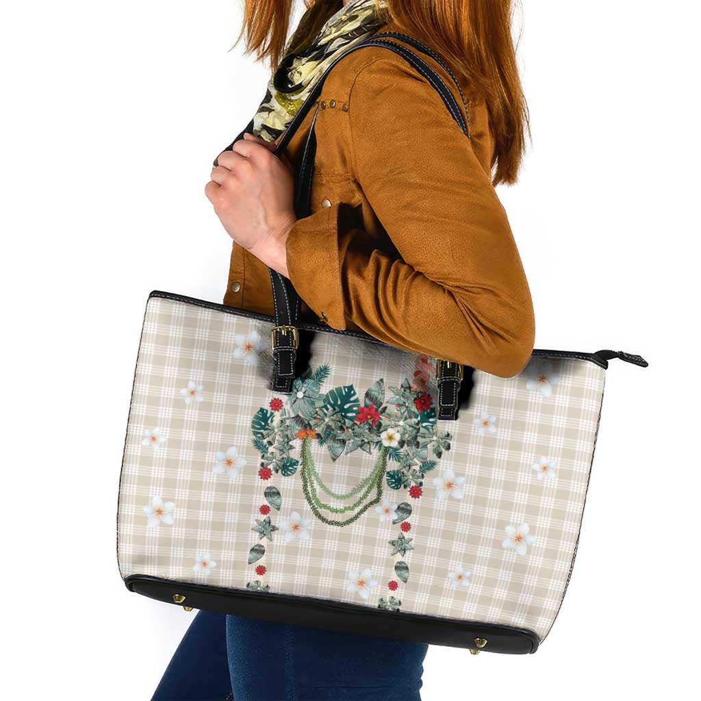 Brown Hawaiian Palaka Leather Tote Bag Kukui Nut Money Lei LT9 Brown - Polynesian Pride
