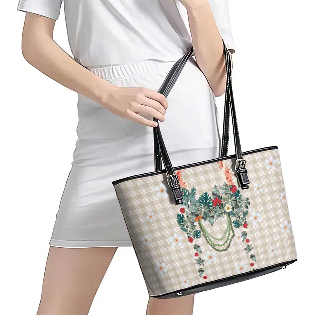 Brown Hawaiian Palaka Leather Tote Bag Kukui Nut Money Lei LT9 - Polynesian Pride