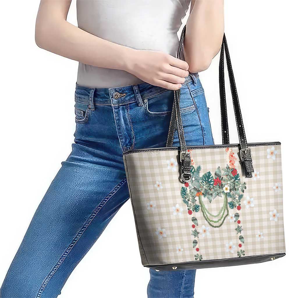 Brown Hawaiian Palaka Leather Tote Bag Kukui Nut Money Lei LT9 - Polynesian Pride