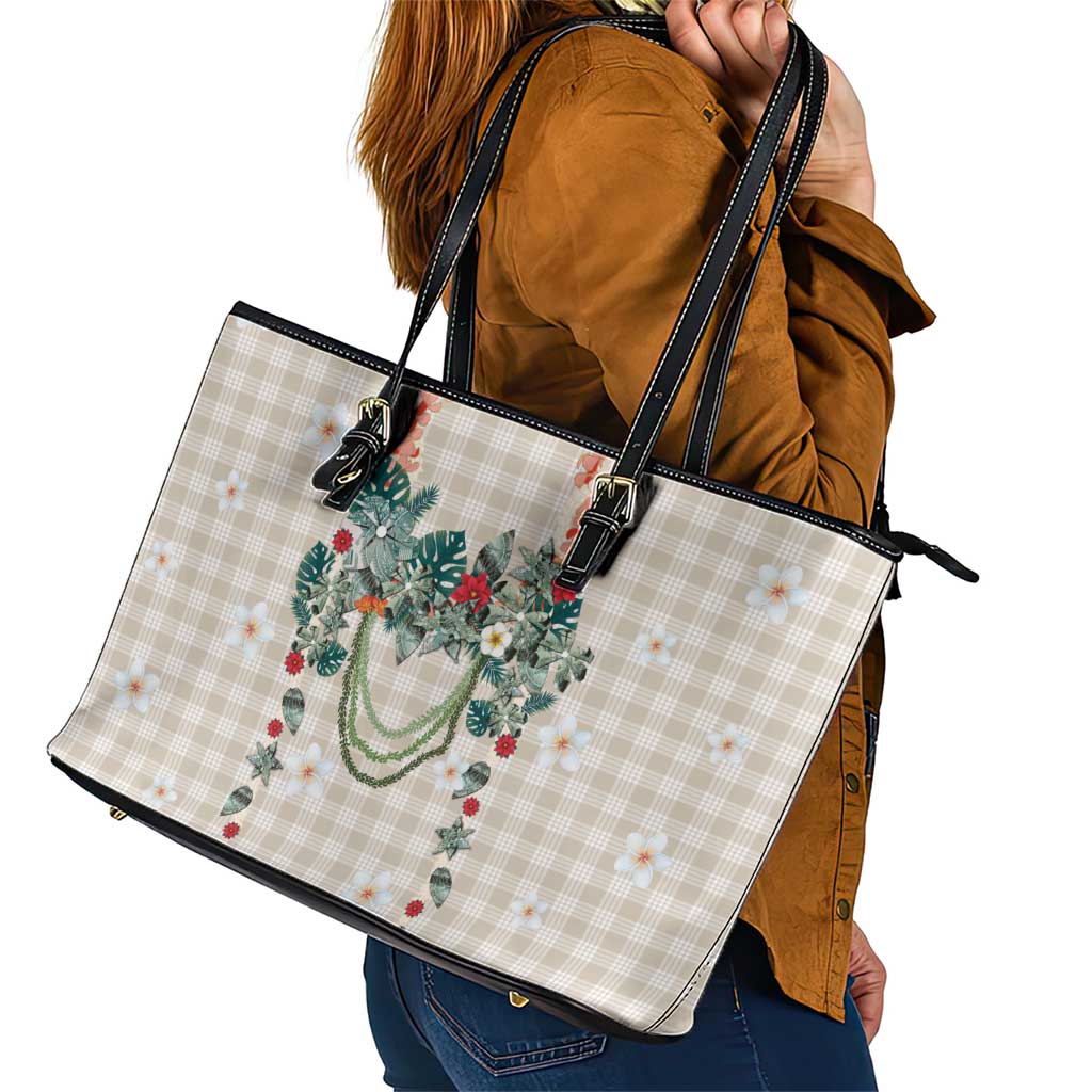 Brown Hawaiian Palaka Leather Tote Bag Kukui Nut Money Lei LT9 - Polynesian Pride