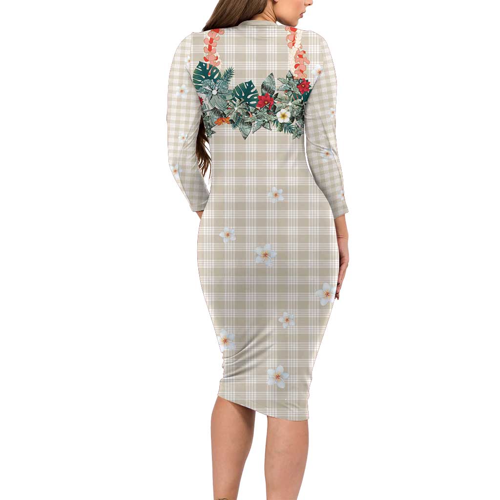 Brown Hawaiian Palaka Long Sleeve Bodycon Dress Kukui Nut Money Lei - Polynesian Pride