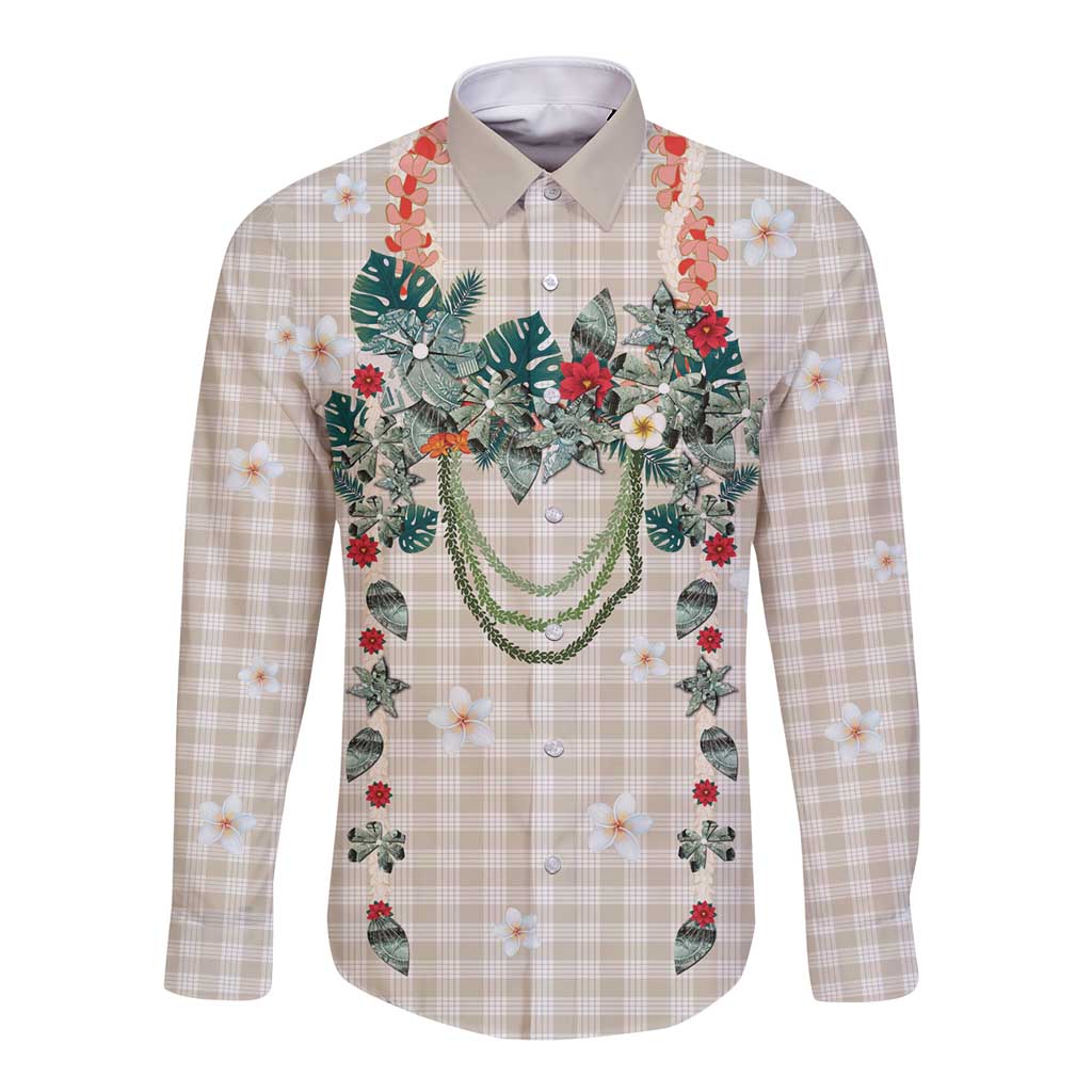 Brown Hawaiian Palaka Long Sleeve Button Shirt Kukui Nut Money Lei LT9 Unisex Brown - Polynesian Pride