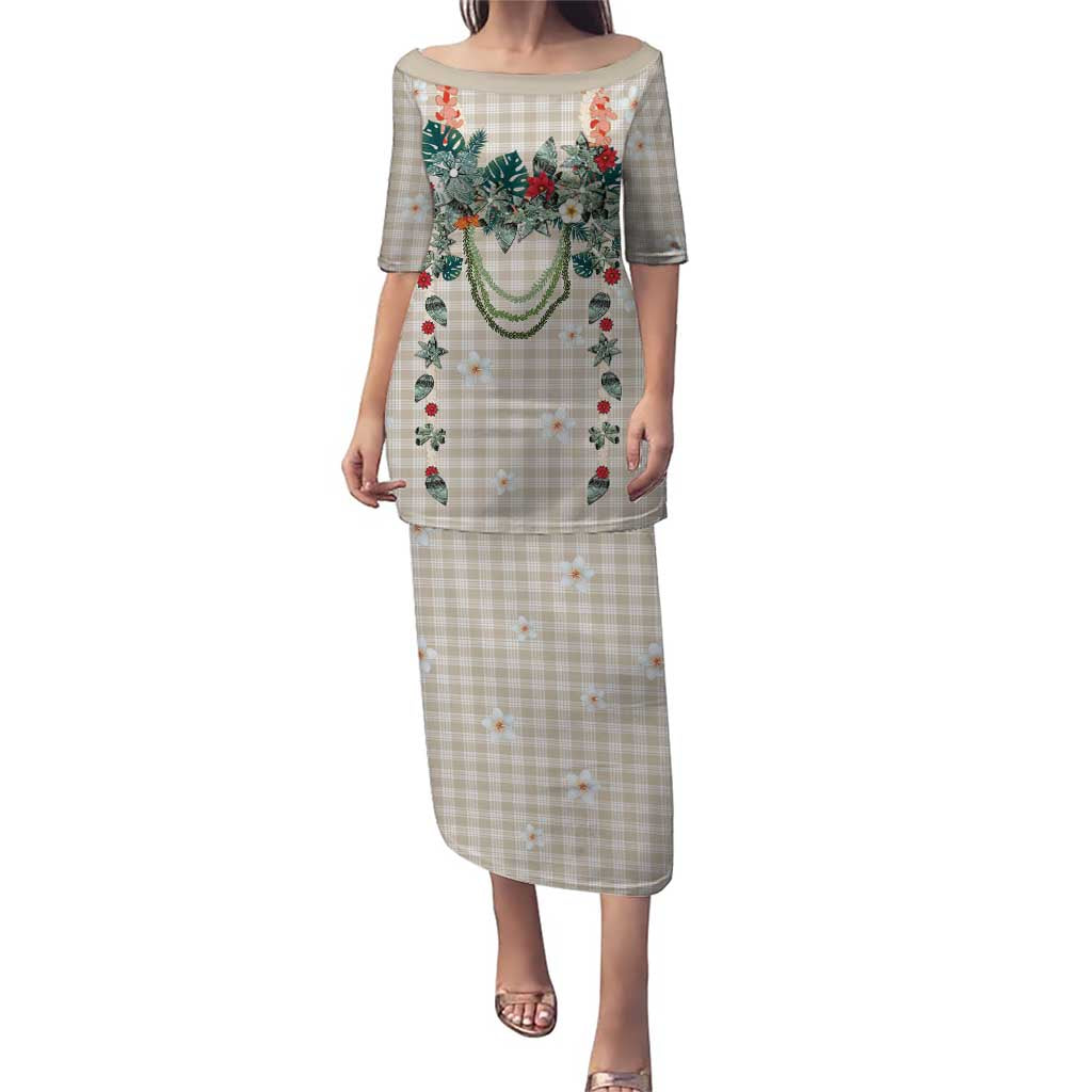 Brown Hawaiian Palaka Puletasi Kukui Nut Money Lei LT9 Long Dress Brown - Polynesian Pride