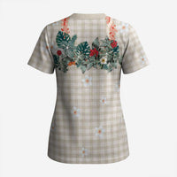 Brown Hawaiian Palaka Scrub Top Kukui Nut Money Lei - Polynesian Pride