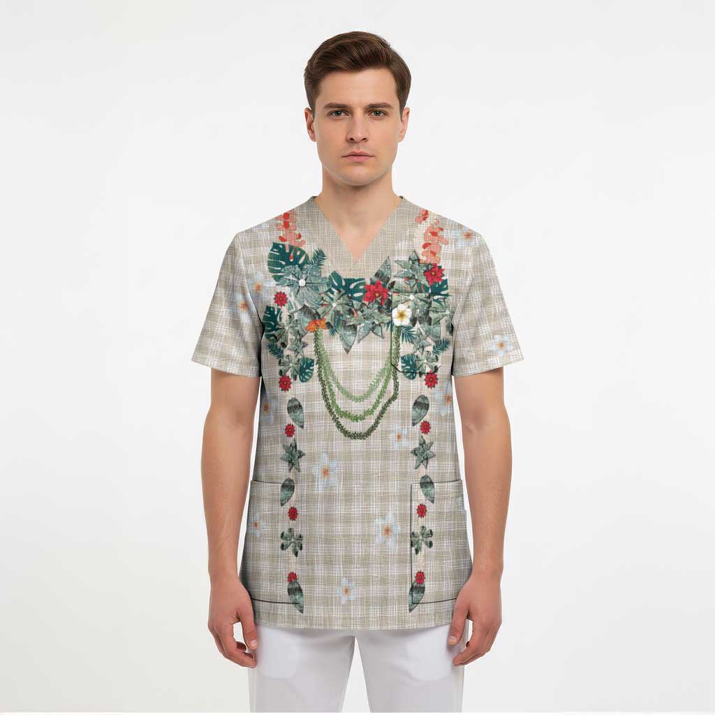 Brown Hawaiian Palaka Scrub Top Kukui Nut Money Lei - Polynesian Pride