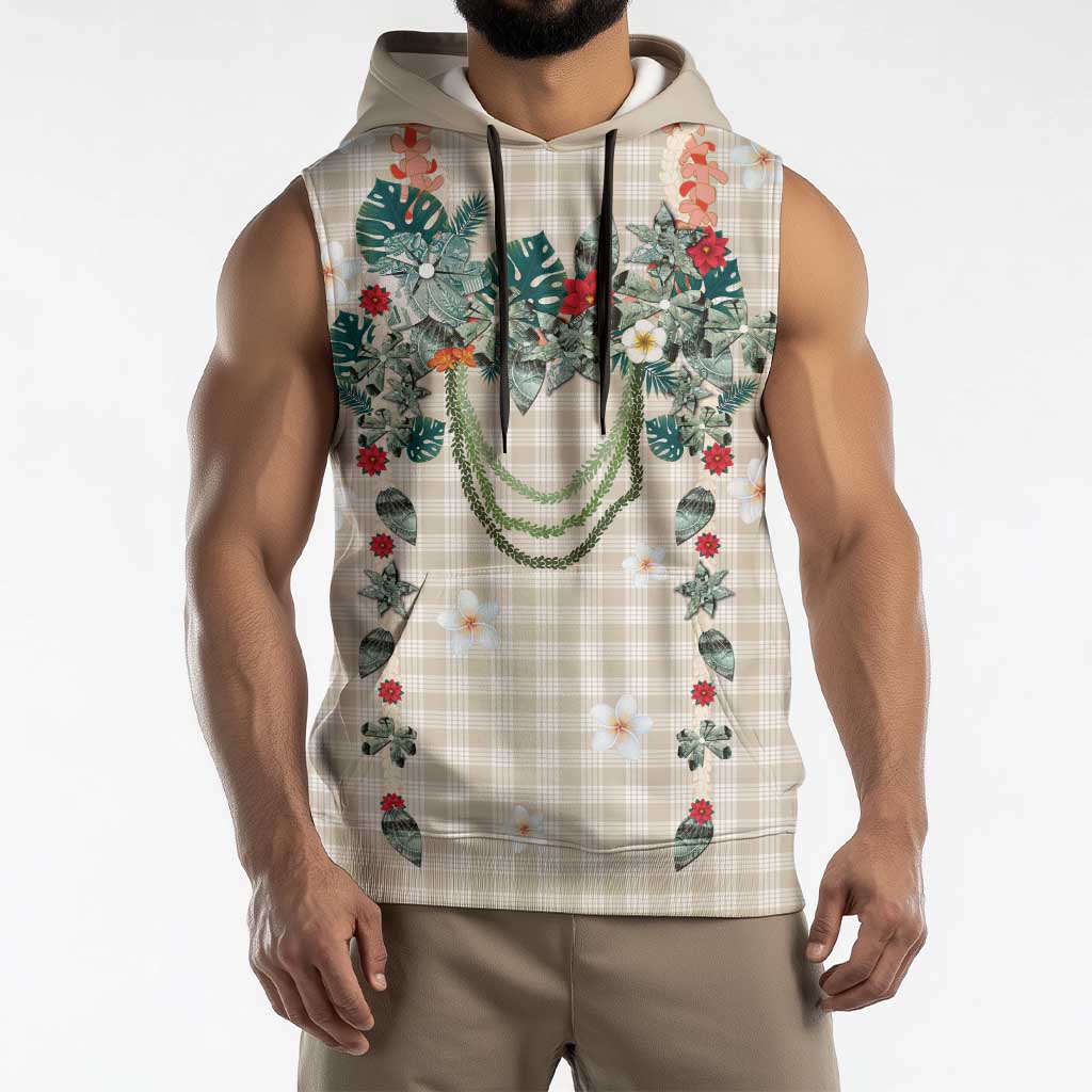 Brown Hawaiian Palaka Sleeveless Hoodie Kukui Nut Money Lei - Polynesian Pride
