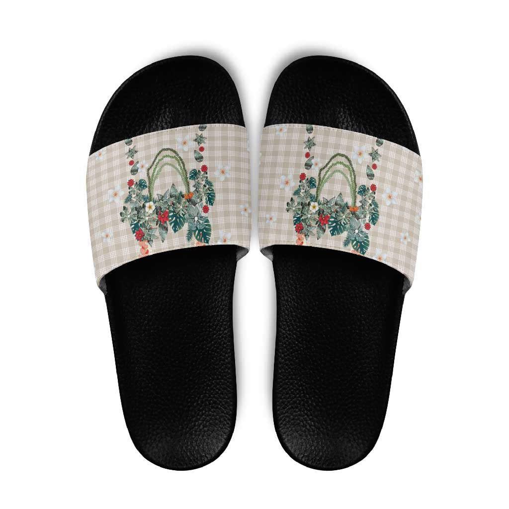 Brown Hawaiian Palaka Slide Sandals Kukui Nut Money Lei LT9 Brown - Polynesian Pride