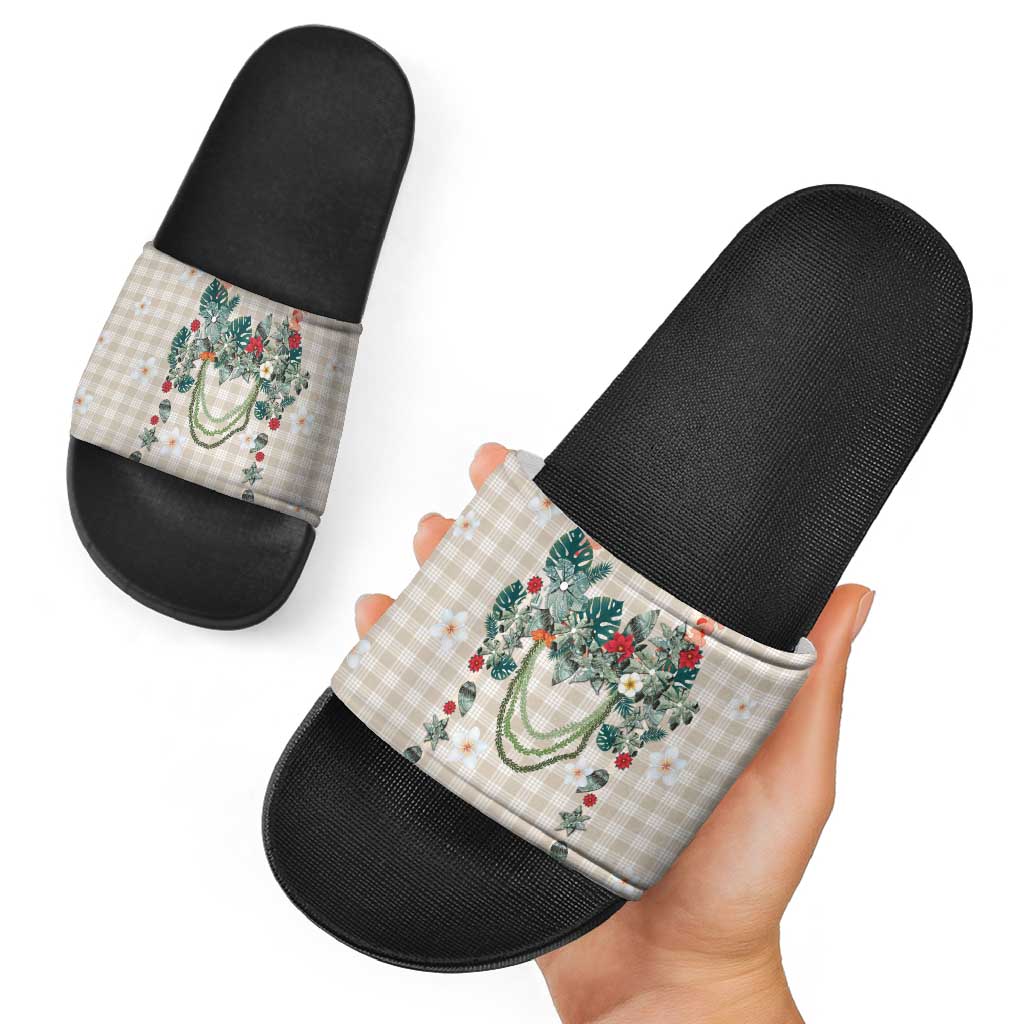 Brown Hawaiian Palaka Slide Sandals Kukui Nut Money Lei LT9 - Polynesian Pride
