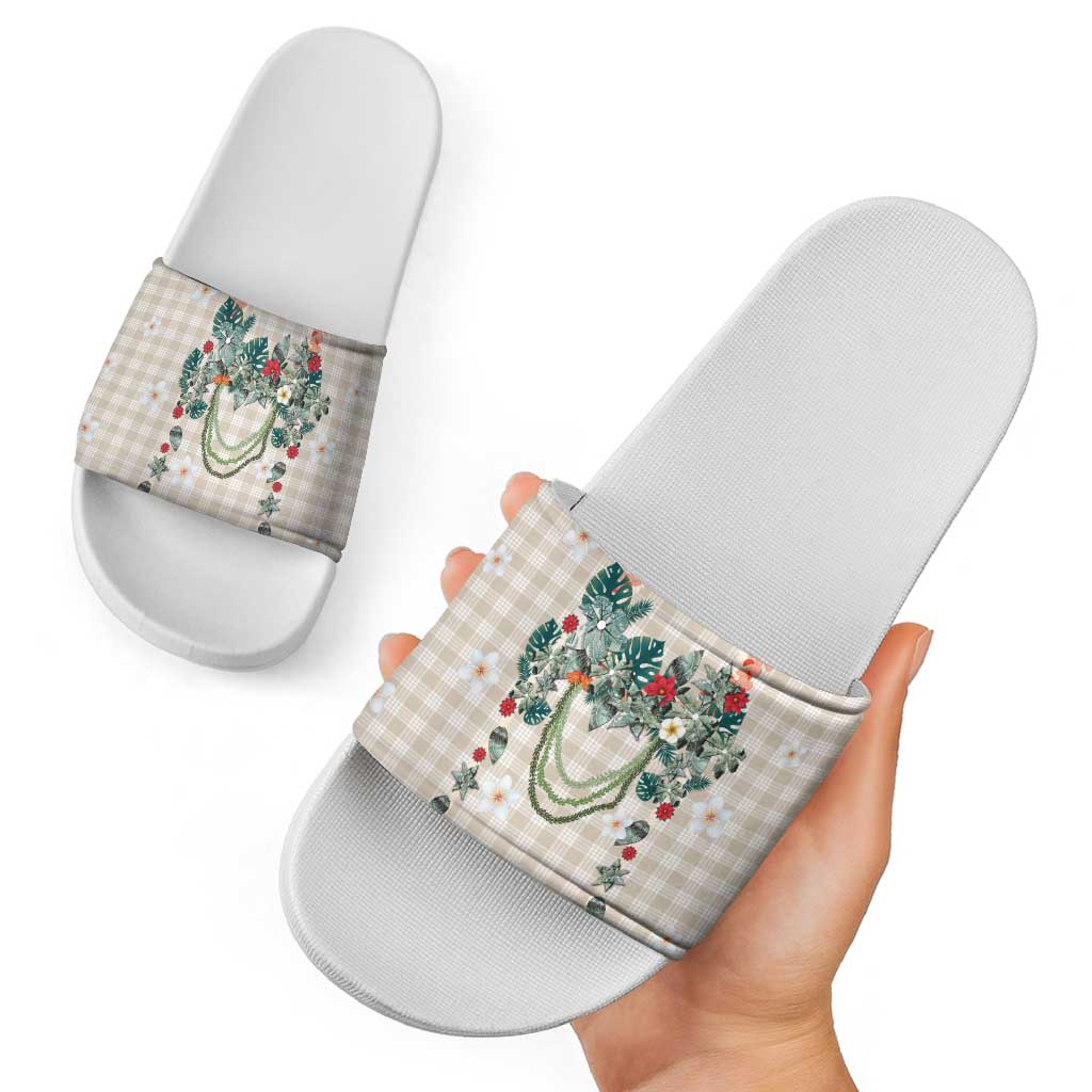 Brown Hawaiian Palaka Slide Sandals Kukui Nut Money Lei LT9 - Polynesian Pride