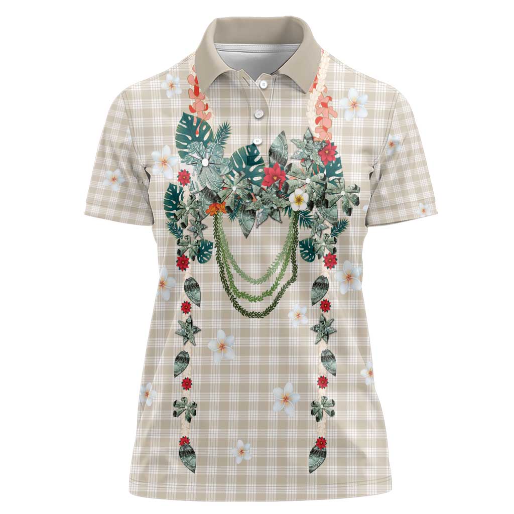 Brown Hawaiian Palaka Women Polo Shirt Kukui Nut Money Lei - Polynesian Pride