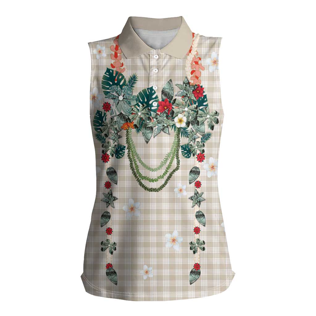 Brown Hawaiian Palaka Women Sleeveless Polo Shirt Kukui Nut Money Lei - Polynesian Pride