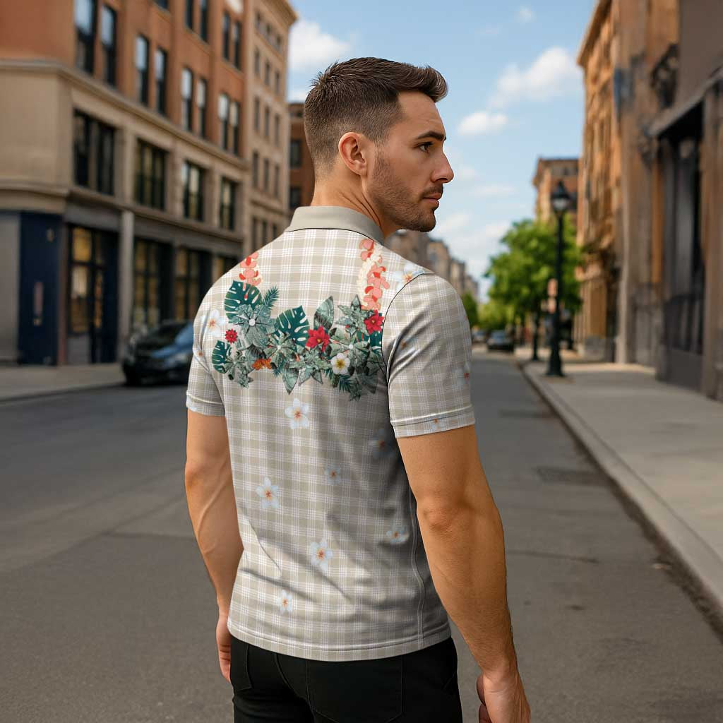 Brown Hawaiian Palaka Zipper Polo Shirt Kukui Nut Money Lei - Polynesian Pride