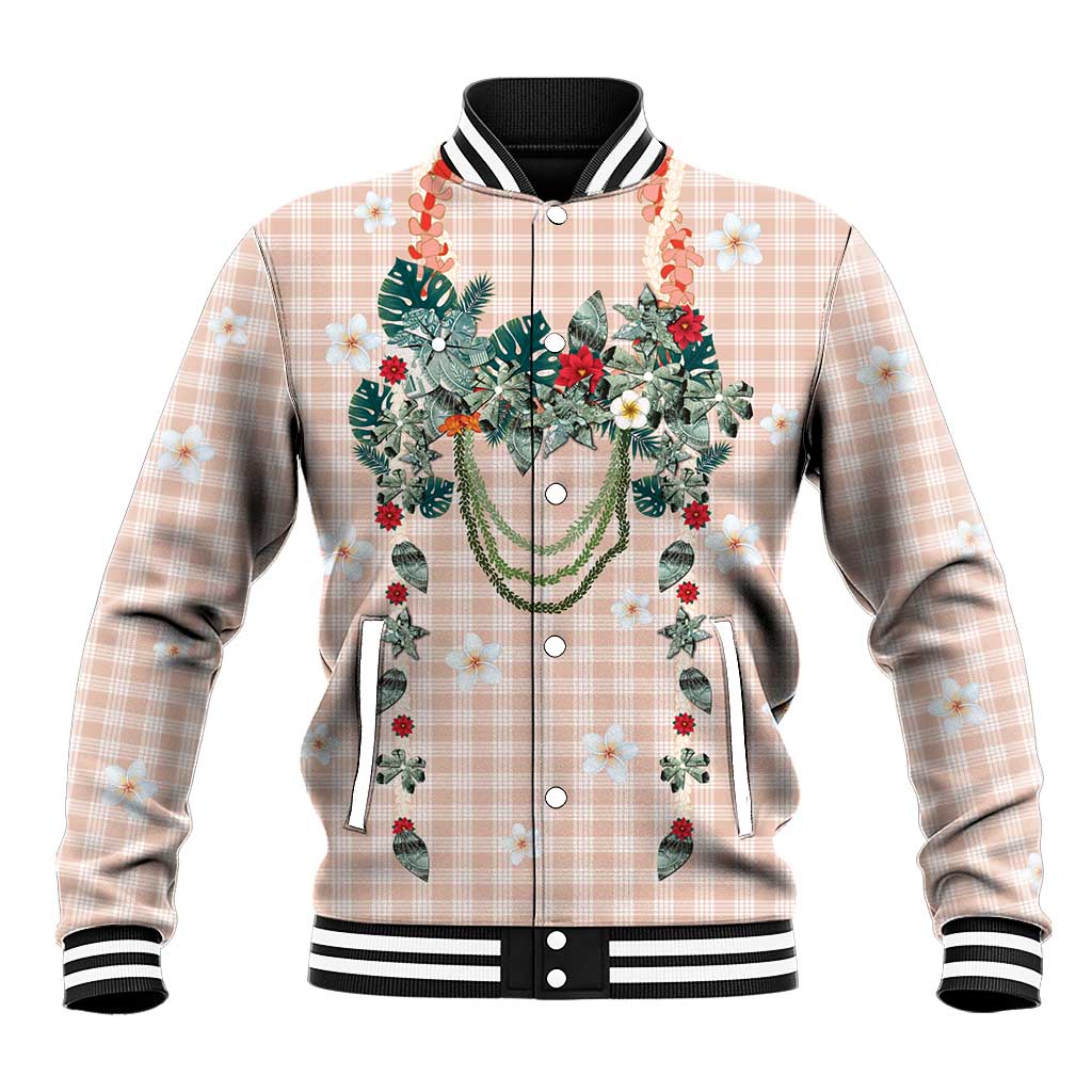Peach Hawaiian Palaka Baseball Jacket Kukui Nut Money Lei LT9 Unisex Peach - Polynesian Pride