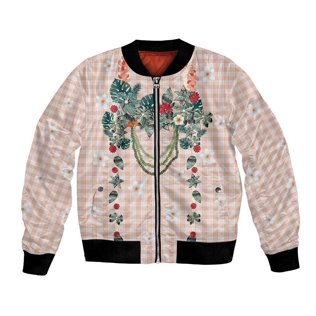 Peach Hawaiian Palaka Bomber Jacket Kukui Nut Money Lei LT9 Unisex Peach - Polynesian Pride