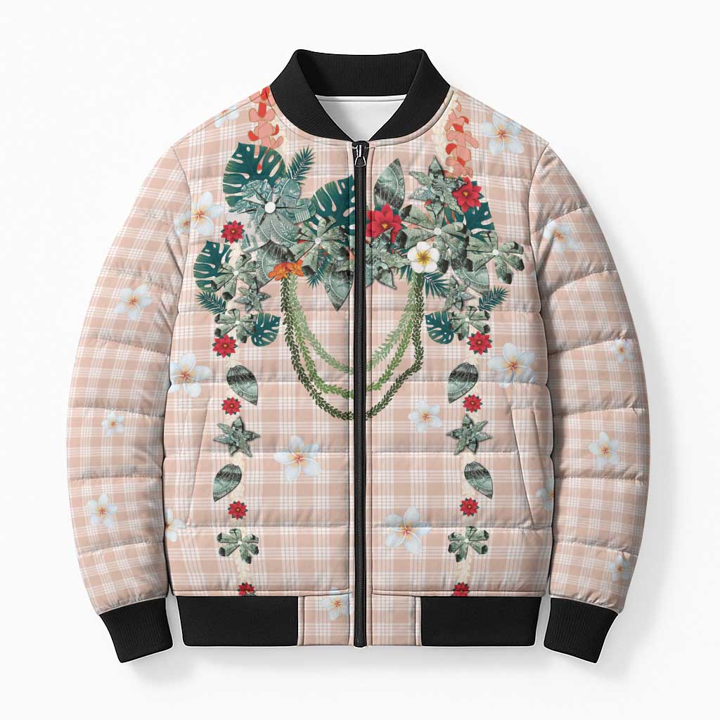 Peach Hawaiian Palaka Bomber Puffer Jacket Kukui Nut Money Lei - Polynesian Pride