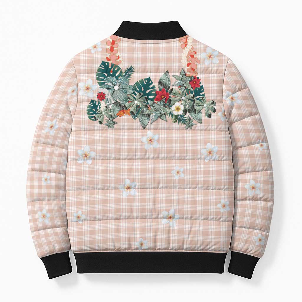 Peach Hawaiian Palaka Bomber Puffer Jacket Kukui Nut Money Lei - Polynesian Pride
