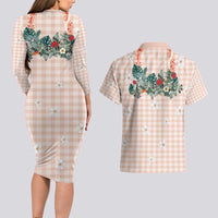 Peach Hawaiian Palaka Couples Matching Long Sleeve Bodycon Dress and Hawaiian Shirt Kukui Nut Money Lei - Polynesian Pride